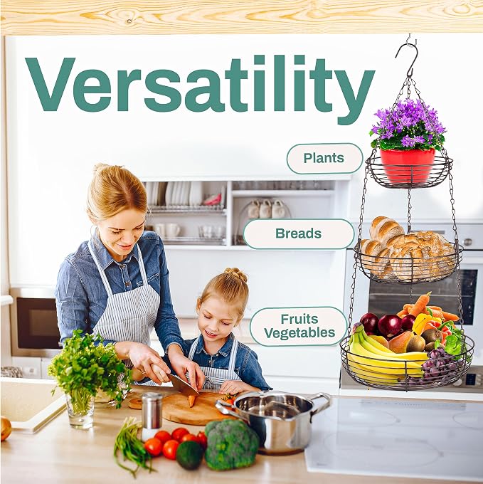 Home Intuition 3-Tier Hanging Fruit Produce Basket Heavy Duty Wire - Image 7