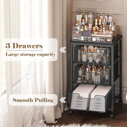 Under Desk Storage Cart with Lockable Wheels, 3-Drawer Rolling Storage Cart - Image 7