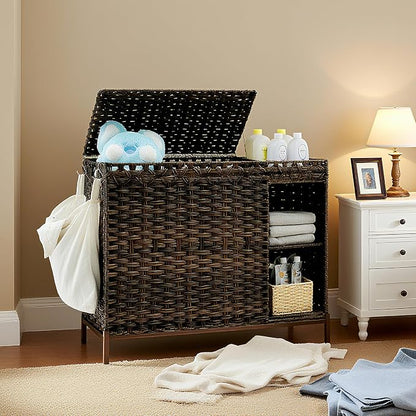 Laundry Hamper with Lid, 130L Rattan Laundry Hamper 3 Section with 50L Storage - Image 8