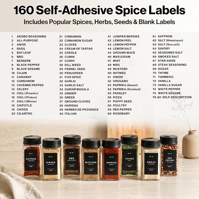 EDELHAUS Glass Spice Jars with Labels & Black Rotating Lids – 12 Large Square - Image 7