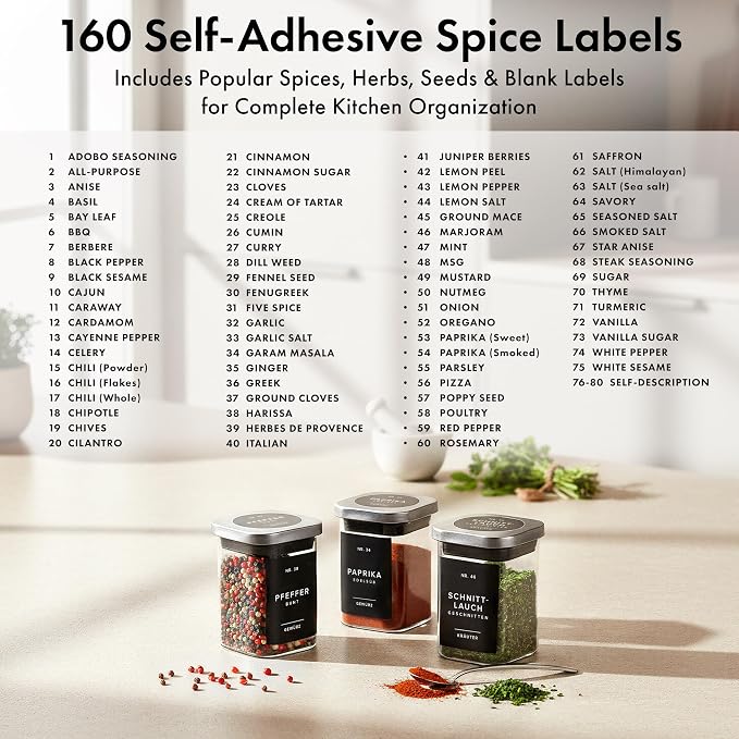 EDELHAUS Glass Spice Jars with Labels and Steel Lids Spice Containers with 160 - Image 6