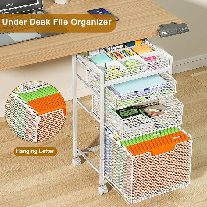 Rolling File Cart with 3 Storage Drawers, Under Desk Organizer with DIY Divider - Image 2