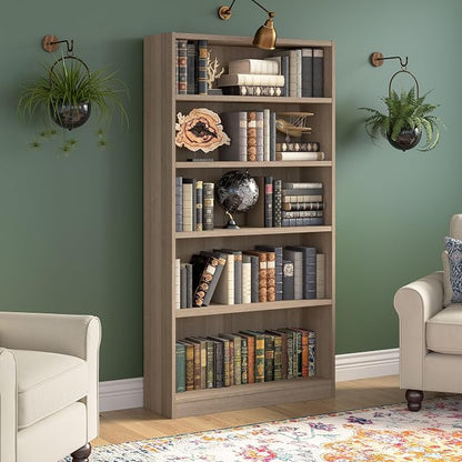 Bush Furniture Universal Tall 5 Shelf Bookcase in Ash Gray, Vertical Storage - Image 2