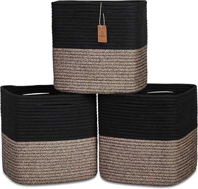 NaturalCozy 13 Inch Cube Storage Bins Cotton Rope Woven Baskets by NaturalCozy