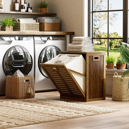 HITNET Bamboo Tilt Out Laundry Hamper, Bathroom Storage Cabinet - Image 2