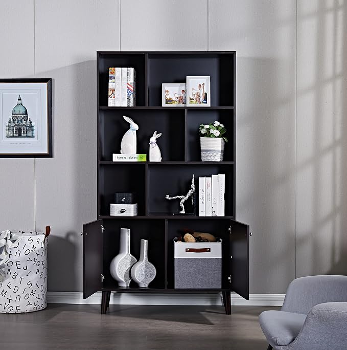 67 in Bookcase with Doors, 3-Tier Bookshelf Farmhouse Bookcases Wooden Deep - Image 3