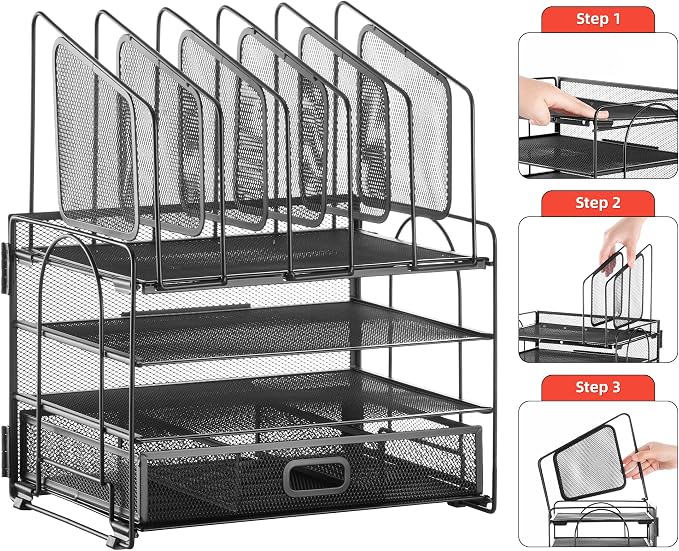Marbrasse Desk organizer with Drawer, 4-Tier Mesh File Organizer with 5 - Image 6