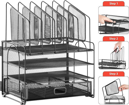 Marbrasse Desk organizer with Drawer, 4-Tier Mesh File Organizer with 5 - Image 6