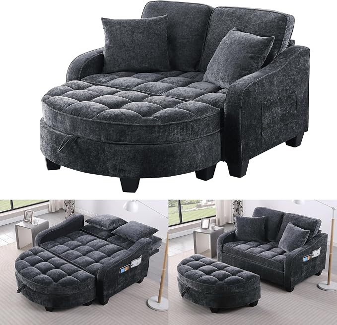 ERYE Chenille Tufted Loveseat Sofa and Ottoman Set, Tufted Recliner Sleeper - Image 5
