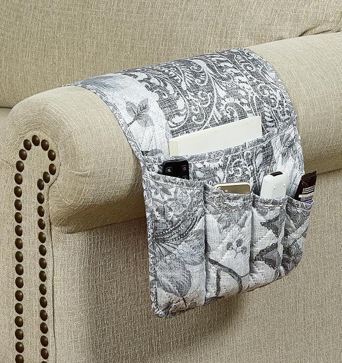 Brilliant Sunshine Grey Flowers Patchwork Couch Armrest 5 Pockets Organizer - Image 2