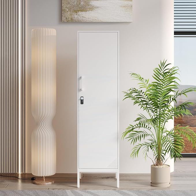 White Metal Locker Cabinet, 59.1" Lockable Storage Locker - Image 2
