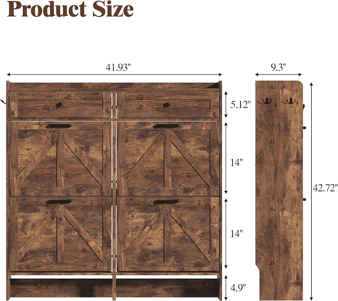 Thacuok Shoe Cabinet with 4 Flip Drawers & 2 Storage Drawers, Rustic Farmhouse - Image 2