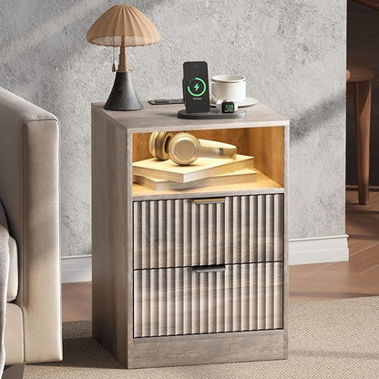 LED Nightstand with Charging Station, Fluted Nightstand Set of 2, Wood - Image 3
