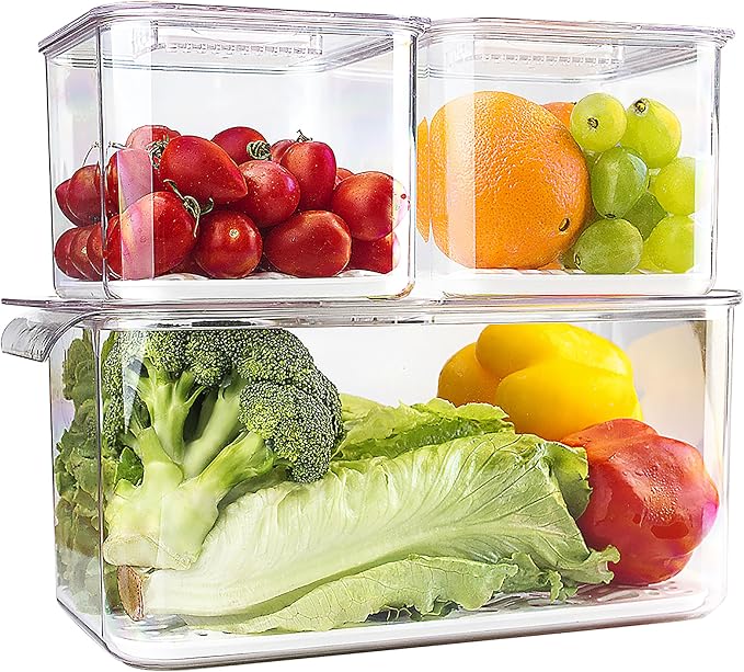 elabo Fruit Storage Containers for Fridge Fresh Produce Saver -3 Pack Stackable by elabo