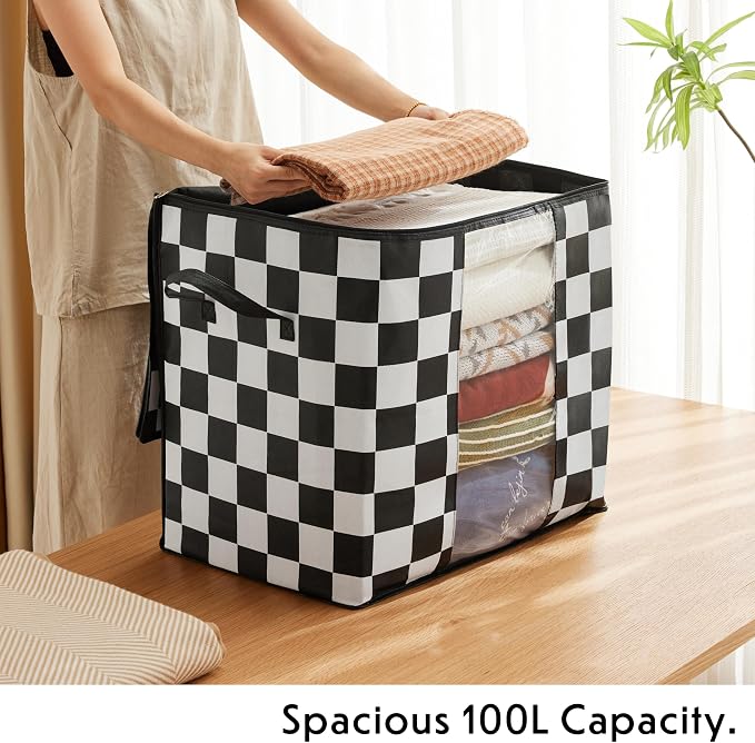 Black and White Checkered Clothes Storage Bins, 100L Large Blanket Storage Bags - Image 4