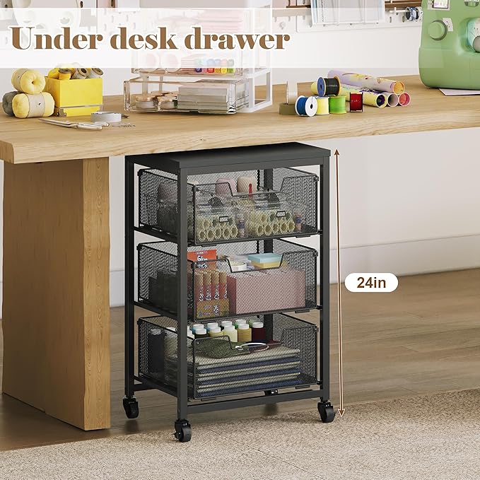 Under Desk Storage Cart with Lockable Wheels, 3-Drawer Rolling Storage Cart - Image 3