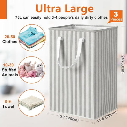 3 Pack Laundry Hamper Collapsible 75L Large Waterproof Cotton Linen Clothes - Image 2