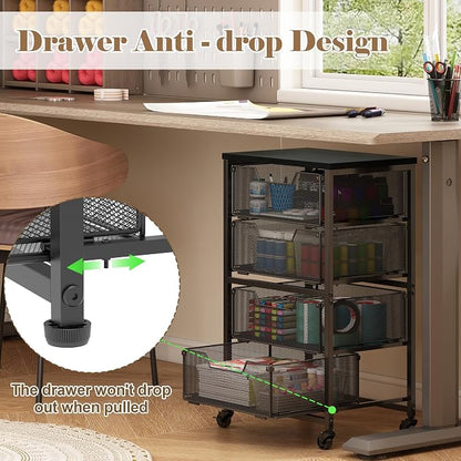 Rolling Cart with Drawers, 4-Drawer Storage Cart on Wheels with Wooden Top - Image 4