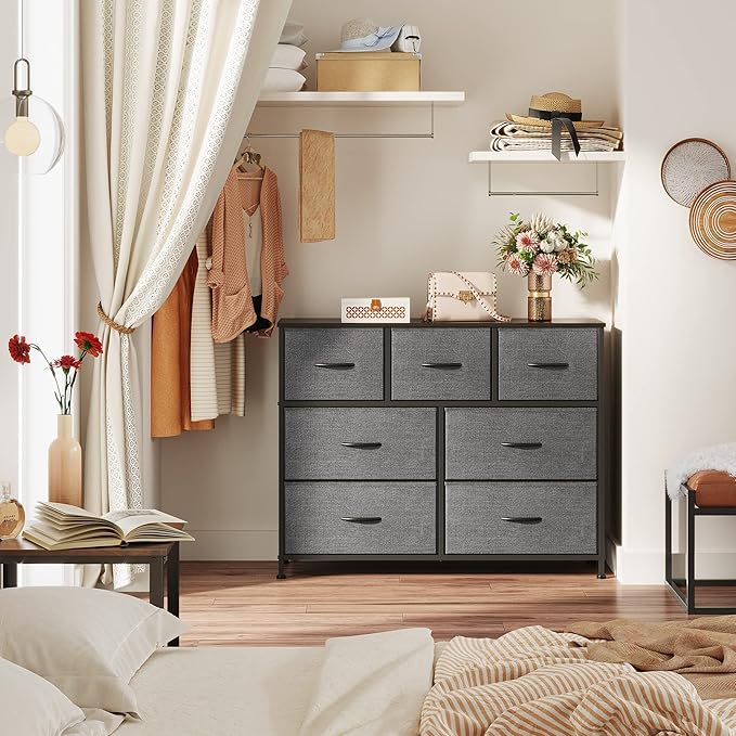 WLIVE Dresser for Bedroom, 7 Drawers, TV Stand, Dark Grey | 7 roomy fabric - Image 2