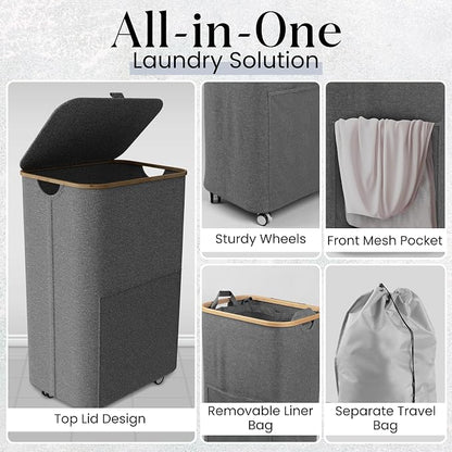Laundry Basket with Wheels and Handle - 100L Bamboo-Fabric Laundry Hamper with - Image 3