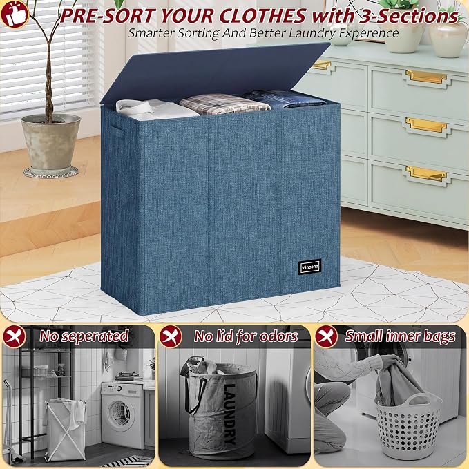 195L Laundry Hamper 3 Section, Large Laundry Hamper - Image 3