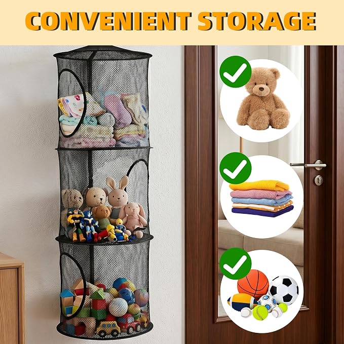 2Pcs Hanging Stuffed Animal Storage Hammock Net 3 Tiers, Holds Plushies - Image 7
