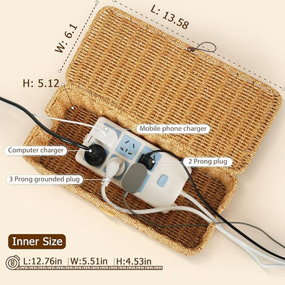 Cable Management Box, Handwoven Faux Rattan Cord Organizer - Image 2