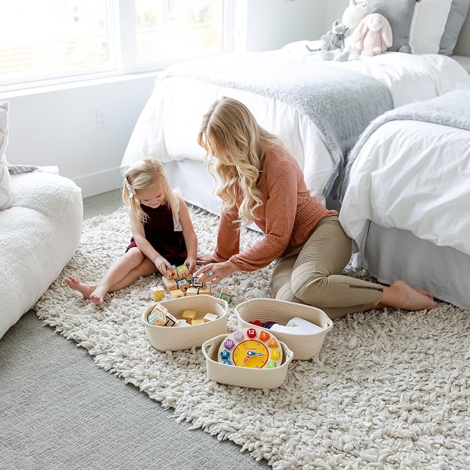 NaturalCozy 5-Piece Rectangle Storage Basket Set- Natural Cotton Rope Woven - Image 3