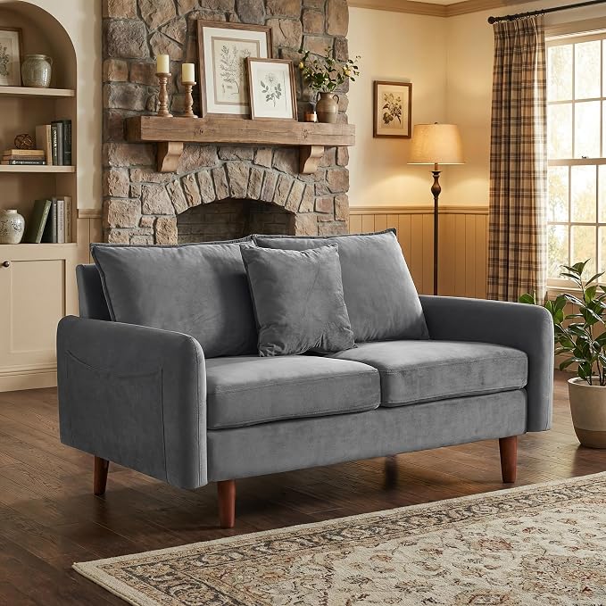56.1" Sofa, Round armrest Velvet Loveseat, mid-Century Modern Style, Luxurious - Image 4