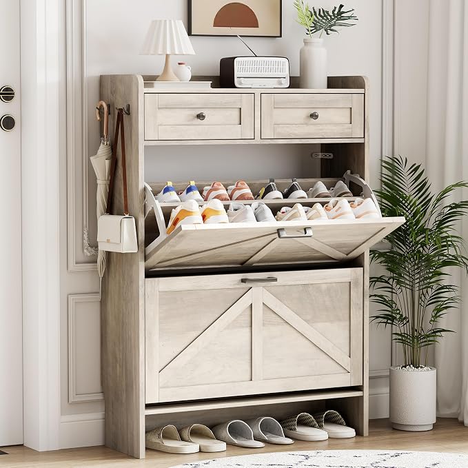 Shoe Cabinet with 2 Flip Drawers & 2 Top Drawers, Hidden Slim Shoe Rack by Xixini