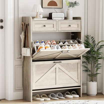 Shoe Cabinet with 2 Flip Drawers & 2 Top Drawers, Hidden Slim Shoe Rack by Xixini