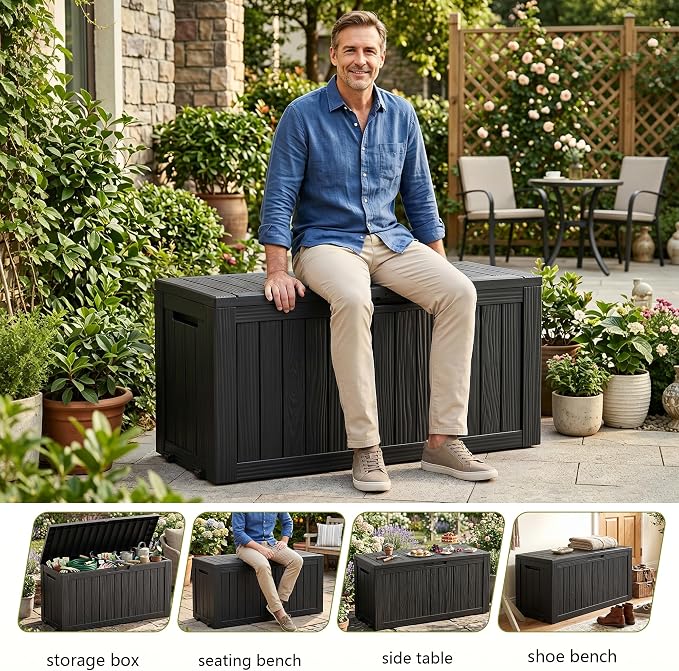 92Gal Outdoor Storage Box Deck Box Waterproof & UV Resistant w/ Wheels | - Image 4