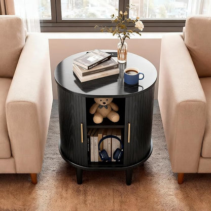 Nightstand with Charging Station, Fluted Accent Side Table with Sliding Door & - Image 7