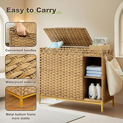 Laundry Hamper with Lid, 130L Rattan Laundry Hamper 3 Section with 50L Storage - Image 6
