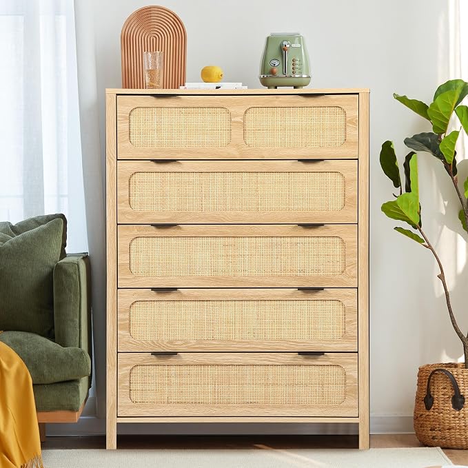 LEVNARY 5 Drawer Chest Dresser, Rattan Tall Dresser 5 Chest of Drawers Dressers by LEVNARY