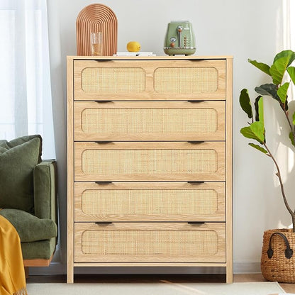 LEVNARY 5 Drawer Chest Dresser, Rattan Tall Dresser 5 Chest of Drawers Dressers by LEVNARY