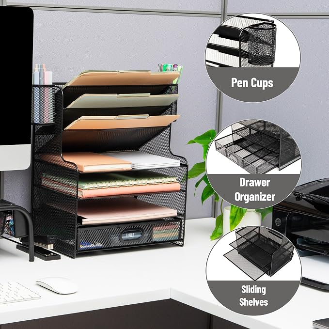 Mind Reader Mesh Desk Organizer, 6 Compartments, 1 Drawer, 2 Pen Cups, Office - Image 4