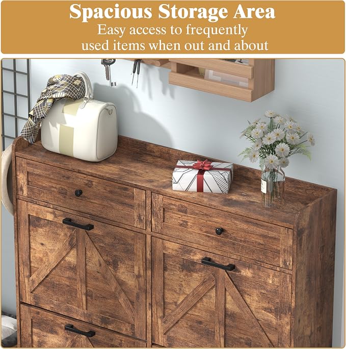 Thacuok Shoe Cabinet with 4 Flip Drawers & 2 Storage Drawers, Rustic Farmhouse - Image 4