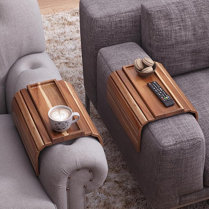 Sofa Arm Tray, Acacia Wood Folding Couch Arm Tray, Sofa Armrest Trays - Image 2