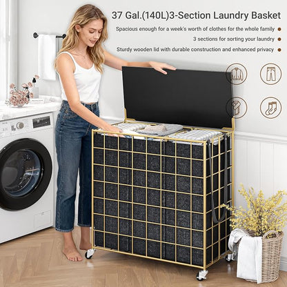 Laundry Basket with Wheels, Heavy Duty Laundry Sorter 3 Sections, 140L Large - Image 6