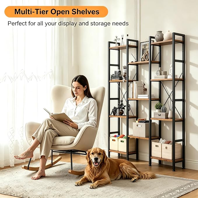 HealSmart Triple Column 4 Tier Bookshelf, Industrial Bookcase - Image 3