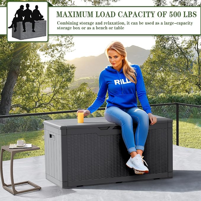 Greesum 100 Gallon Resin Deck Box Large Outdoor Storage, Imitation Rattan Weave - Image 4