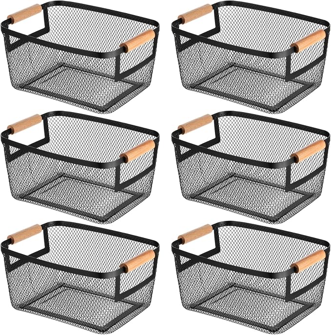 6 Pcs Metal Wire Basket with Wooden Handles | Mesh Steel Storage Organizer Bin by Unknown