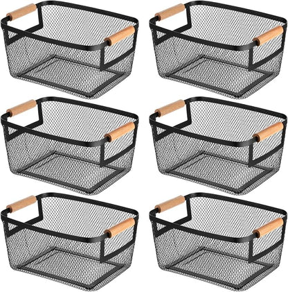 6 Pcs Metal Wire Basket with Wooden Handles | Mesh Steel Storage Organizer Bin by Unknown