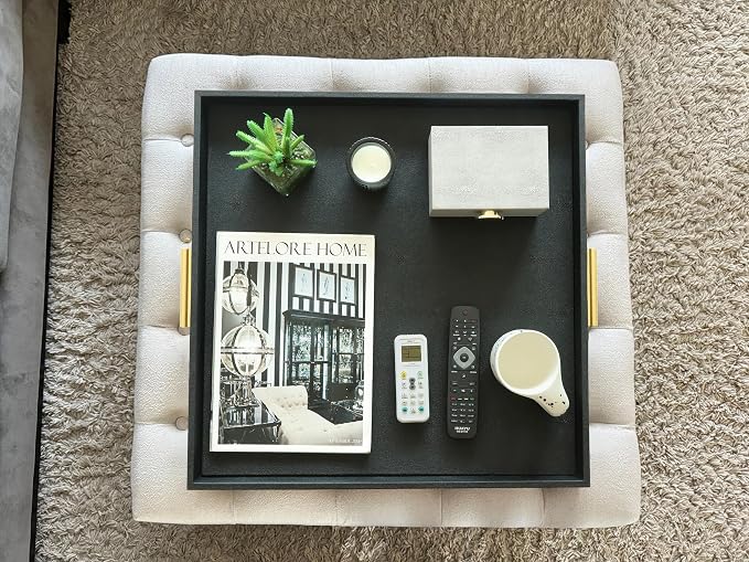 HofferRuffer Extra Large Square Serving Tray, Elegant Faux Leather Ottoman Tray - Image 7
