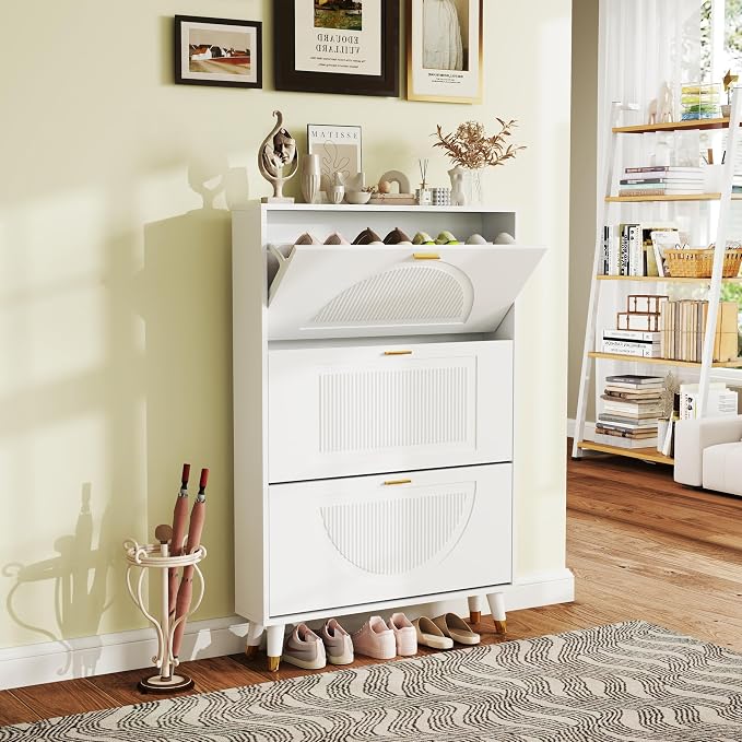 White Shoe Storage Cabinet: 32" Ultra Thin Small Shoe Cabinet by LuxuryFurniture