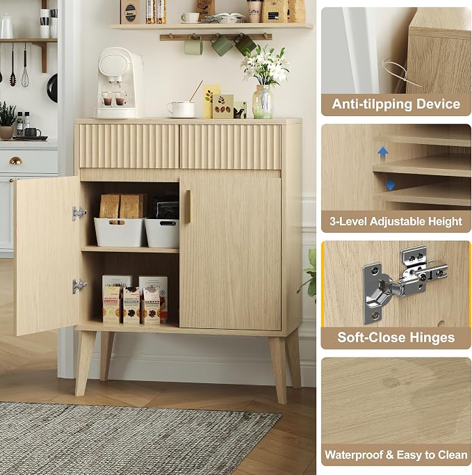 Sideboard Storage Cabinet with 2 Drawers & 2 Doors, Fluted Kitchen Buffet - Image 8