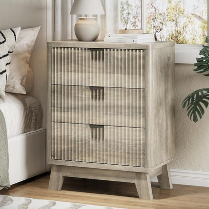Fluted Nightstand with 3 Storage Drawers, Mid Century Modern Wooden Side Table by Xixini