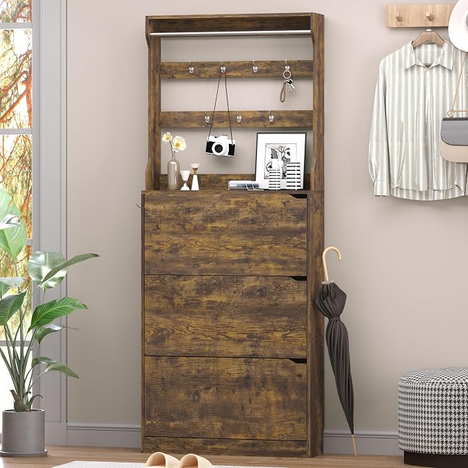 BORNOON Shoe Cabinet with 3 Flip Drawers & Coat Rack, Narrow Hidden Shoe - Image 3