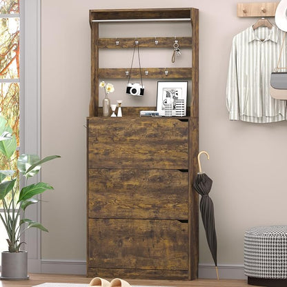 BORNOON Shoe Cabinet with 3 Flip Drawers & Coat Rack, Narrow Hidden Shoe - Image 3